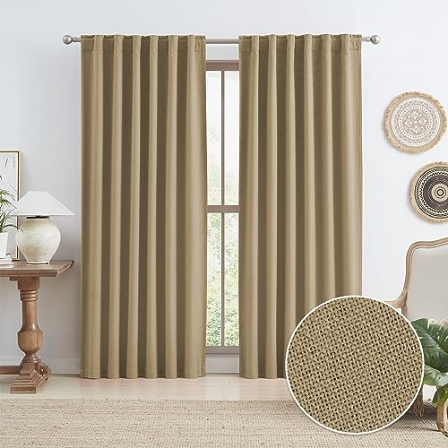 KEQIAOSUOCAI Farmhouse Curtains for Living Room 84 Inch Length, Blackout Thick Heavy-Duty Linen Textured Curtain Drapes Country Decor Rustic Camel Brown 50 by 84 Inch 2 Panels Back Tab Loop Pocket