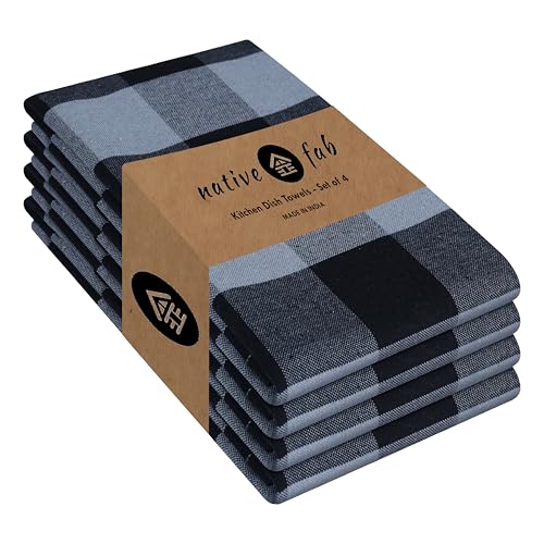 Native Fab Buffalo Check Kitchen Dish Towels, 4 Pack, Cotton, Absorbent, Washable 40x66cm - Tea Towel, Cleaning Hand Towels with Hanging Loop - Black, Grey