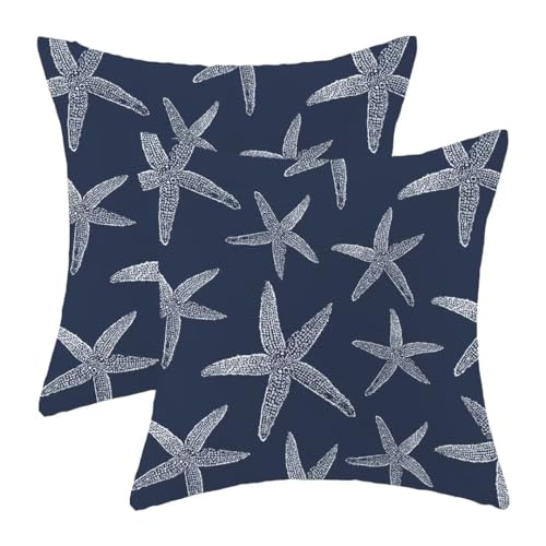 BETGINY Coastal Throw Pillow Cover 18X18 Inch Pack of 2,Summer Nautical Navy Blue Starfish Decorative Pillow Covers Square Linen Beach Ocean Pillow Cases Cushion for Bedroom Home Sofa Decor