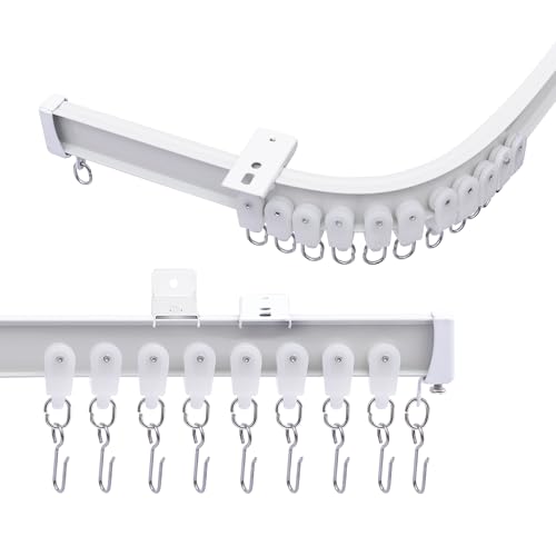 MaKefeile Ceiling Curtains Track System, Flexible & Bendable Curtain Tracks for Ceiling Mount, Heavy Duty Aluminum Sliding Room Divider Track Rail with Hooks for Living Room, RV, Office, White, 24ft