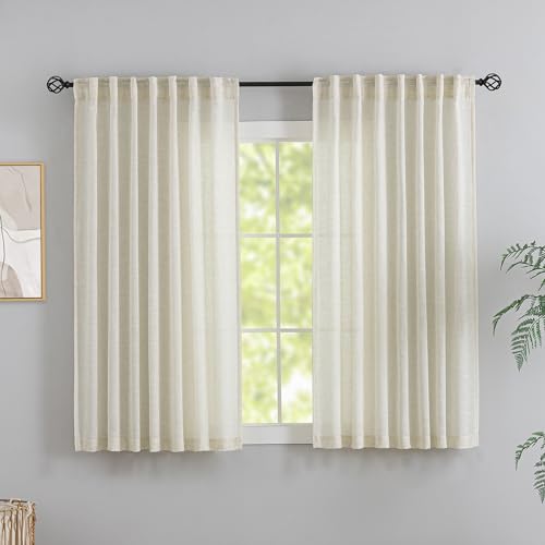 DONREN Natural Linen Textured Curtains for Kids'Bedroom 63 Inch Length,Cream Beige 2 Panels Back Tab Hooks Belt Pleated Rod Pocket Light Filtering Semi Sheer Curtain Drapes for Bathroom Window