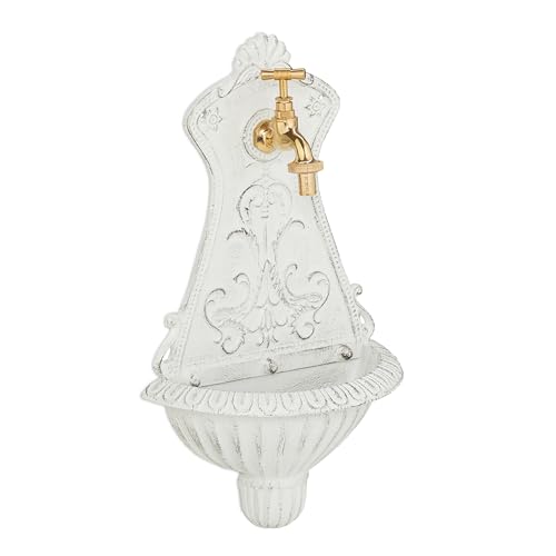 Relaxdays Wall Fountain, Antique Design, Basin & Tap, Water, for Garden & Patio, 42 x 24.5 x 11.5 cm, Cast Iron, White