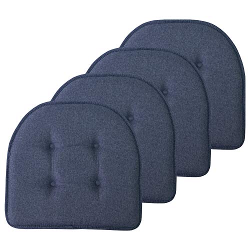 "Sweet Home Collection Chair Cushion Memory Foam Pads Tufted Slip Non Skid Rubber Back U-Shaped 17"" x 16"" Seat Cover, Denim Blue 4 Count"