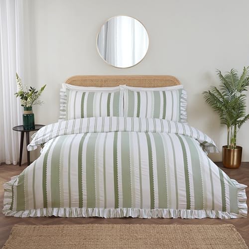 Rapport Home Frilled Bedding Set - Maya Striped Reversible Duvet Cover Set - Green Double Size Quilt Cover