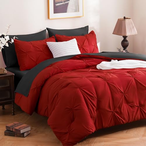 DOWNCOOL 7 Pieces King Size Comforter Set Red and Black, Pintuck Bed in A Bag, Pinch Pleat Bed Set, Soft Microfiber All Season Bedding Set with Sheets, Pillowcases & Shams