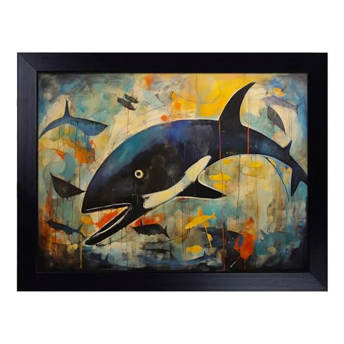 Lap Tray with Bean Bag Cushion, Whale Abstract - Handmade in the UK, Raised Wooden Edge, Padded Cushion, Heat-Resistant Wipe-Clean Surface, for Meals, Laptops and Crafts