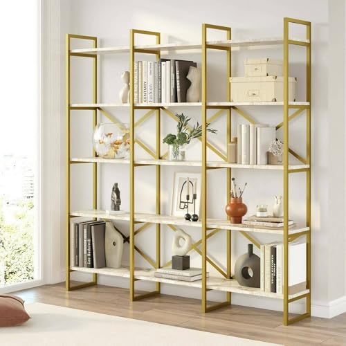 Dmora Sagit Bookcase, Office Shelf, Bookcase, Library, 17 x 3 x 175 cm, White and Gold