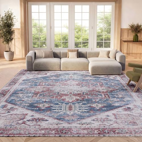 Safavieh Traditional Rug Ideal for High Traffic Areas - Machine Washable and Non Slip - Tucson Collection, Short Pile, in Navy and Red, 183 X 274 cm
