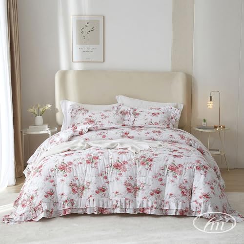 Ruffle Comforter Set Full Pink Red Floral Comforter Princess Lace Floral Comforter Set Soft Microfiber Botanical Bedding Comforter Set 1 Flower Ruffled Comforter with 2 Pillowcases for Teen Girls