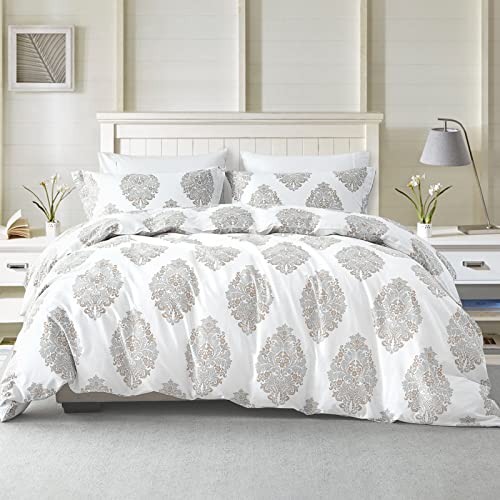 CozyDH Duvet Cover Set Queen Size Quilt Cover - 100% Cotton 400TC Washed Gray White Floral Paisley Damask, 3pcs Soft Lightweight Queen Duvet Cover Set (90 x 90, No Comforter)