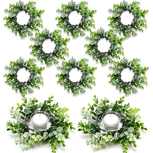 8 Pieces Spring Summer Artificial Flowered Wreath Mini Floral Wedding Candle Rings Wreaths for Wedding Table Centerpiece Pillars Farmhouse Party Home Door Tabletop Decor(Eucalyptus)