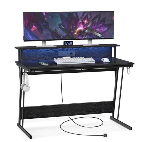 VASAGLE Gaming Desk with LED Lights and Built-In Power Outlets, Computer Desk with Monitor Shelf, Gaming Table for 2 Monitors, Office Desk, for Bedroom, 60 x 120 x 76 cm, Ebony Black LWD292B56