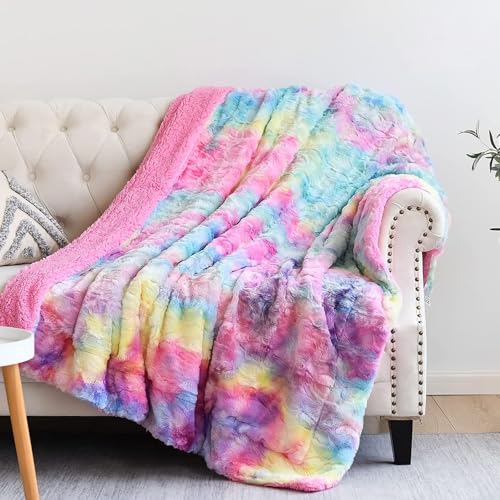 "NEWCOSPLAY Super Soft Faux Fur Throw Blanket Premium Sherpa Backing Warm and Cozy Throw Decorative for Bedroom Sofa Floor (Dark Rainbow, Twin(60""x80""))"