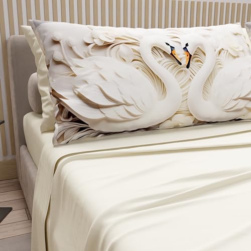 PETTI Artigiani Italiani - Cotton Sheets with Pillowcases in Digital Print, Single Bed Sheet, Single Bed Set, Cream Swans, 100% Made in Italy