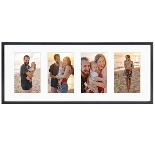 YONLICH Golden State Art, 8x20 Black Aluminum Metal Frame - Ivory Mat for Four 4x6 Photos/Pictures - Sawtooth Hanger - Swivel Tabs - Wall Mounting - Landscape/Portrait - Collage Display - Real Glass