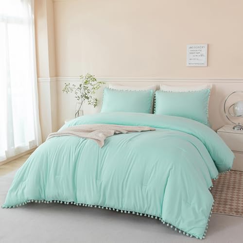 PERFEMET 5 Piece Bed in A Bag Queen Size Mint Green Comforter Boho Pom Pom Bedding Comforter Set Soft Fluffy Solid Bedding Set with Sheet for Girls Adults(Mint Green, Queen)
