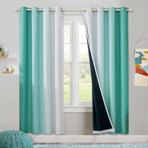 Geomoroccan Ombre 100% Blackout Curtains Bedroom Teal White 52x72 2 Panels - Gradient Patterned Room Darkening Drapes for Kids Nursery Living Room 72 Inch Long Thermal Insulated Soundproof Grommet
