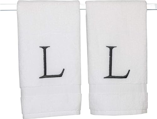 Decorvo Black and White Bathroom Hand Towel - Monogrammed Luxury Hotel Quality Decorative Embroidered Towel for Powder Room, Spa - GOTS Organic Certified - Set of 2 Letter L