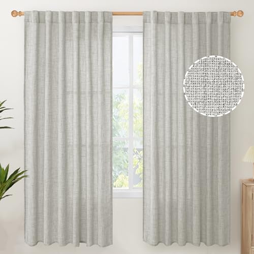 YoungsTex Light Grey Curtains Linen Light Filtering, 72 Inch Semi Sheer Drapes with Rod Pocket Back Tab Textured for Bedroom Living Room Privacy, 2 Panels, 52 X 72 Inch