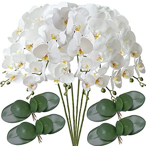 "FagusHome 32"" Artificial Phalaenopsis Flowers 6 Pcs with 4 Bundles Leaves Artificial Orchid Flowers Stem Plants for Home Décor (6Pcs)"
