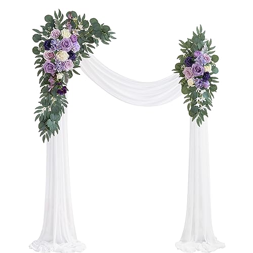 Olalaka Lilac Artificial Wedding Arch Flowers Kit (Pack of 3) with 26Ft White Shiny Arch Draping Fabric for DIY Wedding Party Ceremony Reception Backdrop Floral Decoration
