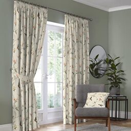 "Dreams & Drapes - Natural Floral & Bird Curtains W66 x L72"" (168 x 183cm) - 2x Pencil Pleat Curtains - 2x Tie Backs - 100% Cotton - Botanical Curtains & Drapes for Bedroom - Garden Bird Curtains"