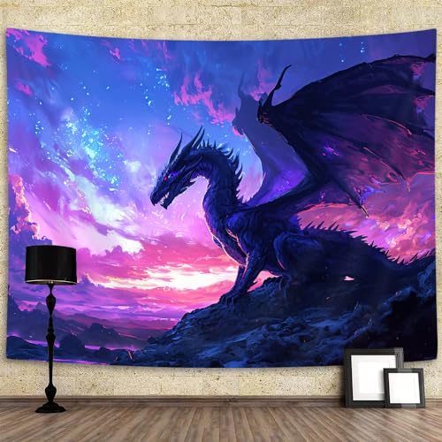 YDIDIAN Purple Dragon Wall Art, Medieval Fantasy Animal Tapestry, Dreamy Starry Sky Art Aesthetics for Home College Dorm Living Room, Panels 60 x 40IN