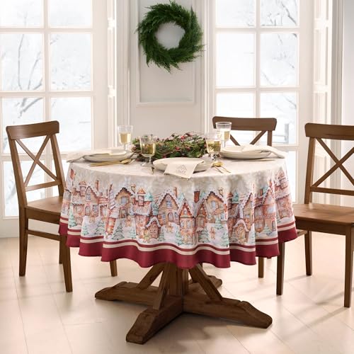 "Elrene Home Fashions Gingerbread Village Bliss Christmas/Holiday Bordered Tablecloth, 70""x70"" Round"