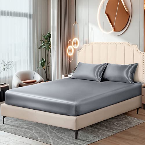 Ersmak Satin Fitted Sheet Only, Luxury Silky Twin Fitted Sheet Ultra Soft Deep Pocket Bottom Sheet, Wrinkle & Fade Resistant - Silver Grey