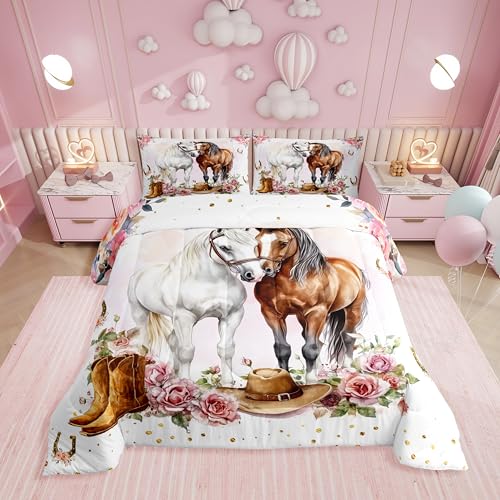 Erosebridal Western Horse Full Comforter Set,Cowgirl Boot Hat Bedding Sets for Girls Kids Teen,Wild West Horseshoe Quilt Bed Set,Rustic Country Floral Bedroom Decor,2 Pillowcases Lightweight