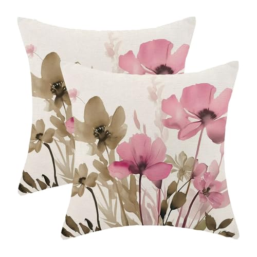 AEIOAE Spring Floral Pillow Covers 18 x 18 Inch Set of 2, Brown Pink Flower Decorative Throw Pillow Covers Outdoor Linen Farmhouse Decor Pillowcase for Home Sofa
