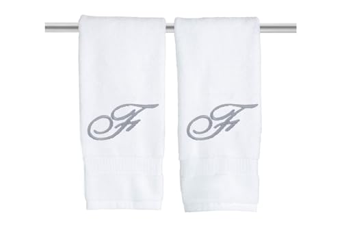 White Monogrammed Hand Towels for Bathroom - Luxury Hotel Quality Personalized Initial Embroidered Towel for Powder Room, Spa - GOTS Organic Certified - Set of 2 Silver Letter F
