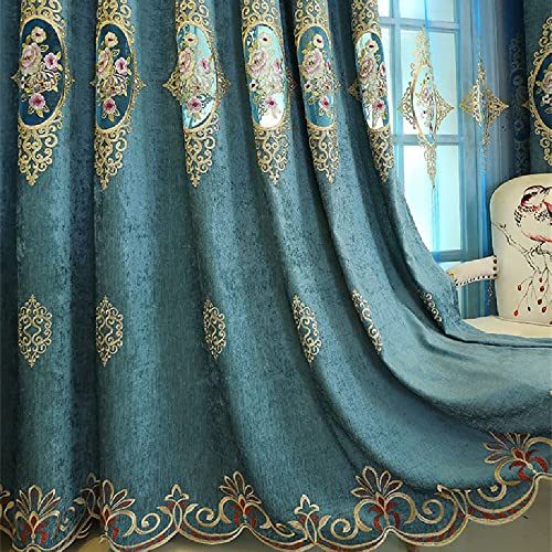 Amidoudou 1 Pair European Luxury Jacquard Hollow Curtains Embroidered Chenille Curtains for Living Room Bedroom (Blue,51x96 Inch)