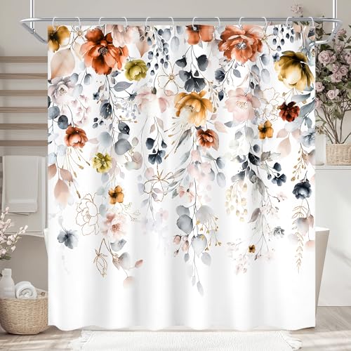 "Floral Rustic Wildflower Watercolor Plant Grey Bathroom Shower Curtain Set - 72""W x 72""L Flower Blossom look, waterproof HD printed shower curtain, quick-dry fabric and free hooks."