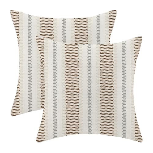AEIOAE Brown Grey Gray Outdoor Pillow Covers 16 x 16 Inch, Beige Polka Dots Stripe Decor Throw Pillows for Couch Bed, Boho Modern Farmhouse Decorative Pillowcase Linen Cushion Cover Set of 2