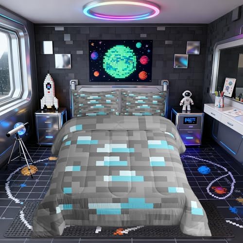 Manfei Pixelated Blocks Miners Kids Bedding Set Queen Size,Video Games Game Gamepad Comforter Set,Geometric Grid Patchwork Quilt Comforter,Gray Blue Bedroom Duvet Insert,2 Pillowcases