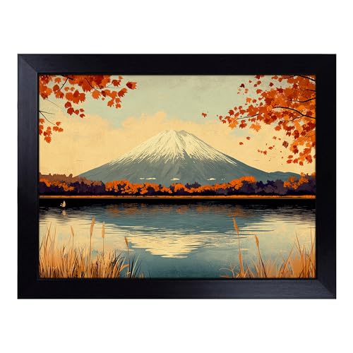 Lap Tray with Bean Bag Cushion, Japanese Mountains Graphic - Handmade in the UK, Raised Wooden Edge, Padded Cushion, Heat-Resistant Wipe-Clean Surface, for Meals, Laptops and Crafts