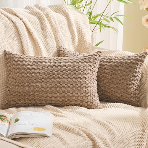 GAWAMAY Decorative Corduroy Throw Pillow Covers 12x20 Taupe Gray 2 Pack - Soft Farmhouse Cushion Covers Neutral Pillow Cases for Living Room Couch, Sofa, Bedroom, Only Covers No Inserts