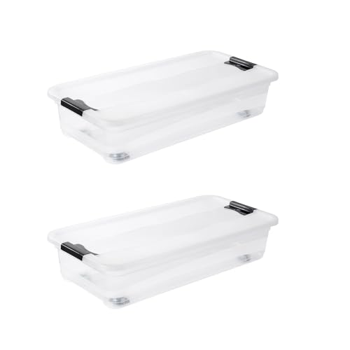 keeeper konrad 2 x Storage Box with Wheels, Lid and Sliding Closure, 79.5 x 39.5 x 18 cm, 33 L, Transparent