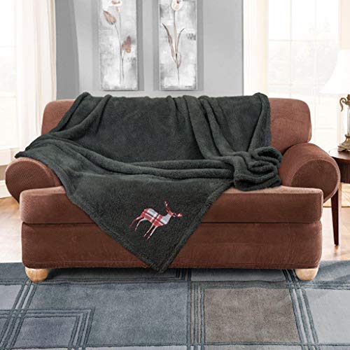 GC GAVENO CAVAILIA Super Soft Fluffy Sofa Bed Blanket, Teddy Emb Fleece Throw, Warm Sherpa Stag Throws, Charcoal, 150X200