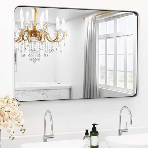 "YYXW 30"" x 36"" Large Brushed Nickel Bathroom Mirror for Wall, Large Mirrors for Spacious Rooms,Brushed Silver Metal Framed Mirror, Rounded Rectangle Silver Bathroom Mirrors, Tempered Glass"