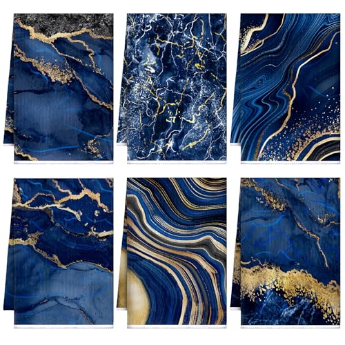 Boyiee Set of 6 Marble Hand Towels - Blue Gold Marble Pattern, Absorbent Soft, Modern Decorative Dish Towels - 24 x 16 Inches, Perfect for Farmhouse Kitchen & Bathroom Decorations