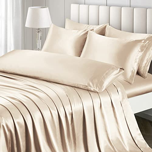 Ersmak 7 Pieces Satin Sheets Set California King Size, Luxury Silky Beige Satin Bed Sheets Set with 1 Deep Pocket Fitted Sheet, 1 Soft Flat Sheet, 4 King Pillowcases and 1 Body Pillowcase