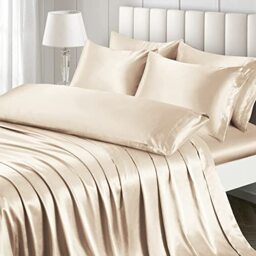 Ersmak 7 Pieces Satin Sheets Set California King Size, Luxury Silky Beige Satin Bed Sheets Set with 1 Deep Pocket Fitted Sheet, 1 Soft Flat Sheet, 4 King Pillowcases and 1 Body Pillowcase