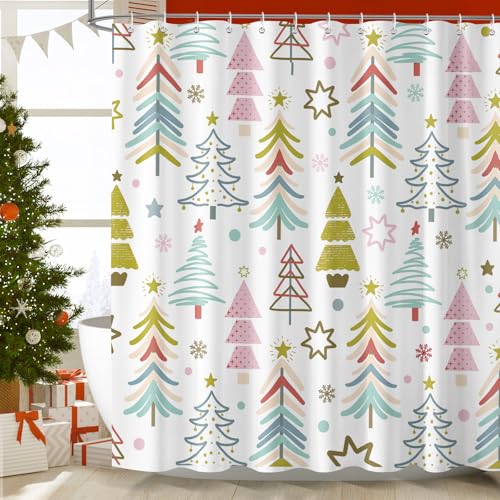 Dazzlewall Christmas Shower Curtain for Bathroom Mould & Mildew Resistant - Christmas Tree, 183 x 183 cm, Waterproof Polyester Fabric, Quick-Drying, Machine Washable, Included 12 Plastic Hooks