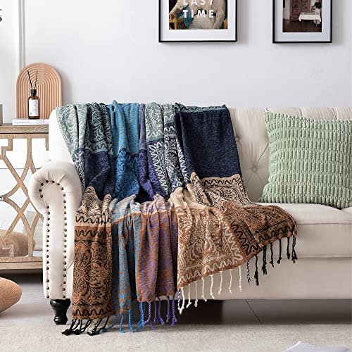 "Bofree Boho Throw Blanket - Hippie Chenille Jacquard Bohemian Chair Couch Sofa and Bed Furniture Cover with Colorful Tribal Pattern (Purple, 60"" x 75"")"