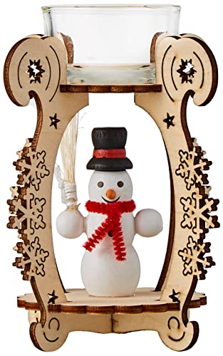 HGD Snowman and Winter Children Candle Holder, Wood, Red/Yellow, 10 x 10 x 12 cm