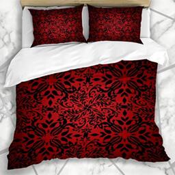 Duvet Cover Sets Tiled Antique Red Black Floral Inspired Abstract Renaissance Baroque Creative Curl Flores Design Microfiber Bedding with 2 Pillow Shams