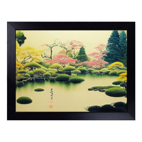 Lap Tray with Bean Bag Cushion, Watercolour Japanese Garden Pond - Handmade in the UK, Raised Wooden Edge, Padded Cushion, Heat-Resistant Wipe-Clean Surface, for Meals, Laptops and Crafts
