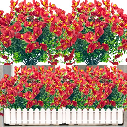 NOV FIRE Artificial Flowers for Outdoors UV Resistant Fake Flowers,20 Bundles Outside Faux Plastic Flower Shrubs for Patio,Garden,Porch D??co(Red)